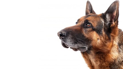 Fototapeta premium German Shepherd looking sideways in portrait against white background with empty space