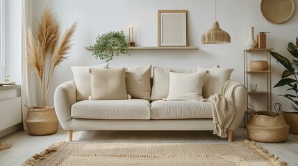 A living room with a white couch, a white throw blanket, and a white pillow