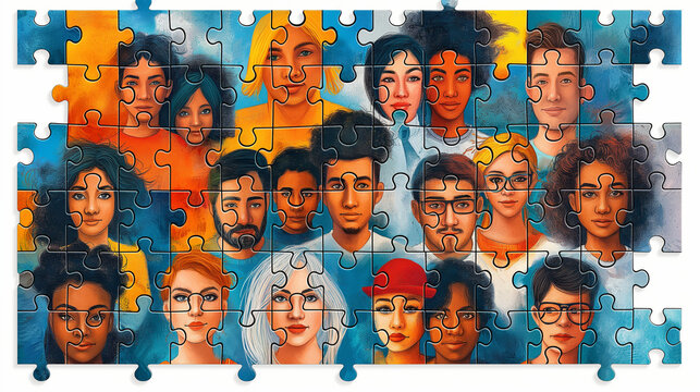 A flat design of a puzzle with pieces representing different aspects of identity, Intersectionality Awareness Month, flat design, with copy space