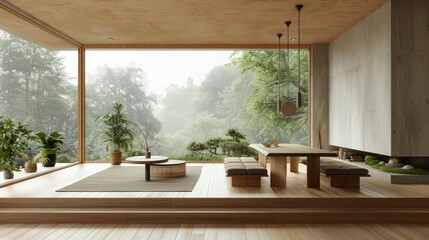 Fototapeta premium A modern home with a large window overlooking a forest