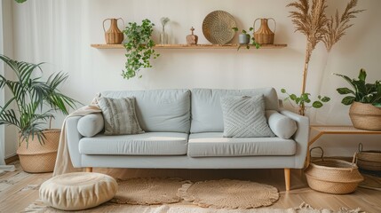 A living room with a grey couch and a white rug