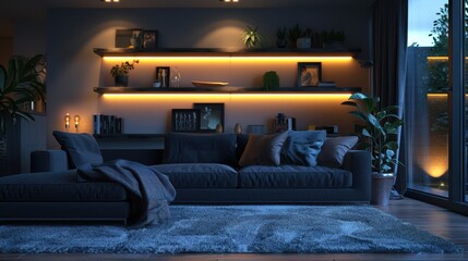 A living room with a black couch, a potted plant, and a vase