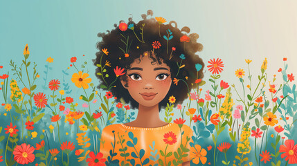 An illustration of a person holding a banner with symbols of different causes, Intersectionality Awareness Month, illustration, with copy space