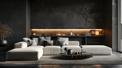 A modern living room with a white couch and a coffee table