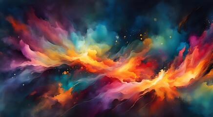 A colorful painting of a space with a rainbow of colors and a lot of splatters