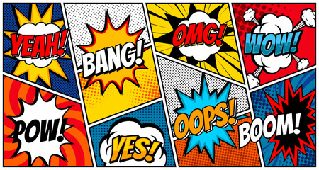 Comic book bubbles. Cartoon explosions funny comical speech clouds, comics words, thinking bubbles and graphic conversation text elements vector illustration set. Comic book emotional bubbles