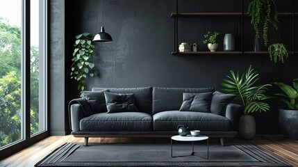 Obraz premium A living room with a black couch, a coffee table, and a potted plant