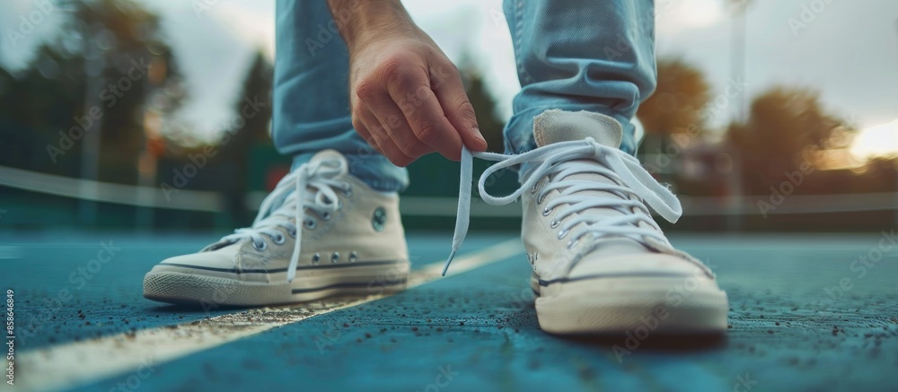 Wall mural Closeup of a Person Tying White Sneakers on a Tennis Court