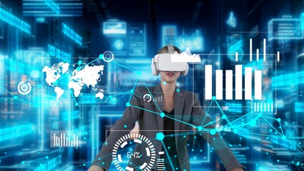 Woman reporter explaining dynamic market data calculated analysis pointing big data business by VR innovation interface digital infographic network technology visual hologram animation. Contraption.