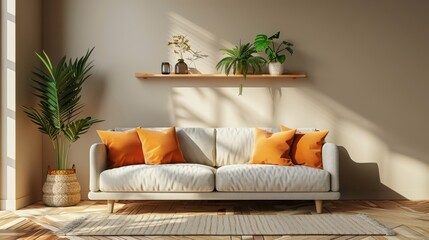A living room with a white couch and orange pillows