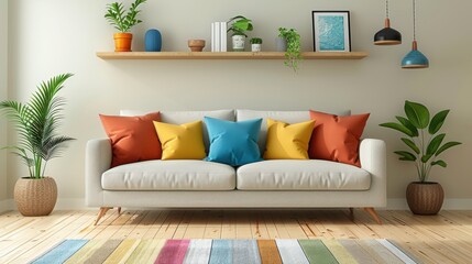 A living room with a white couch and colorful pillows