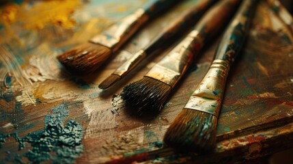 Fototapeta premium Close up of vintage paintbrushes on wooden table