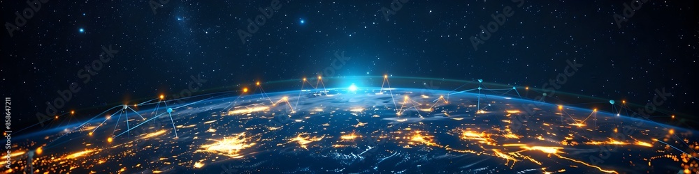 Poster glowing digital earth with pulsating network of interconnected lines in cosmic backdrop