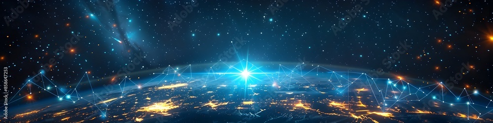 Poster glowing earth with pulsing digital network in cosmic backdrop