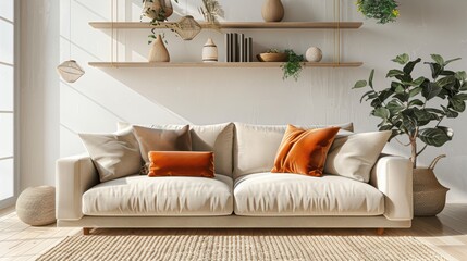 A white couch with orange pillows sits in a room with a plant and a basket