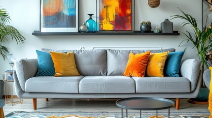The couch is surrounded by pillows and a vase