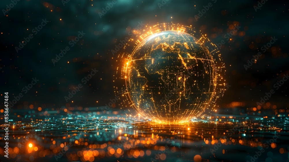 Poster incandescent globe shimmering with technological vitality in expansive void