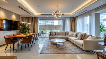 A large living room with a white couch, a coffee table, and a dining table