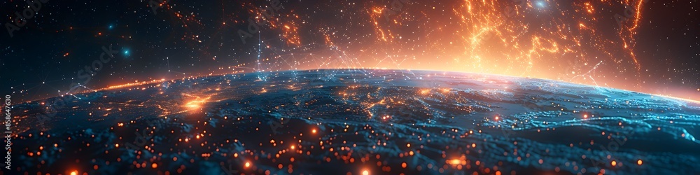 Poster luminous planet enveloped in a pulsating web of interconnected data streams