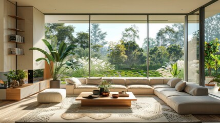 Fototapeta premium A large living room with a white couch and a coffee table