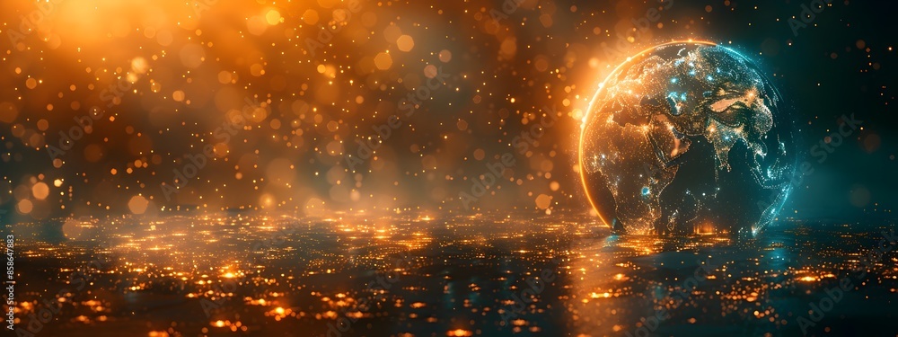 Poster shimmering digital globe illuminated by boundless data conduits in luminous expanse