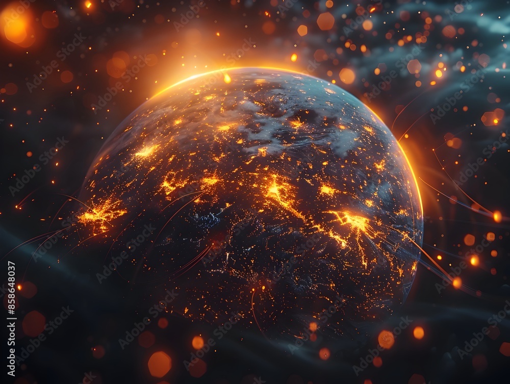 Aufkleber incandescent planet pulsing with technological connectivity floating in expansive cosmos
