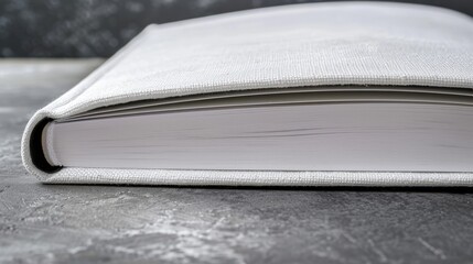 Close up of family photo book with white velor cover and space for text Wedding album with fabric cover on grey background Open photo album