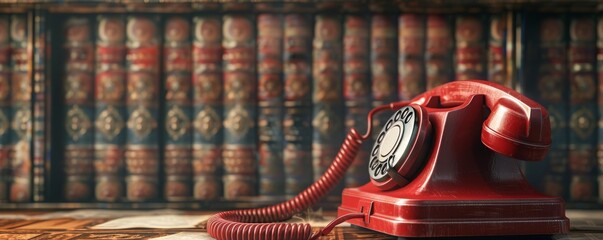 Naklejka premium Vintage red rotary telephone on wooden desk in front of old books