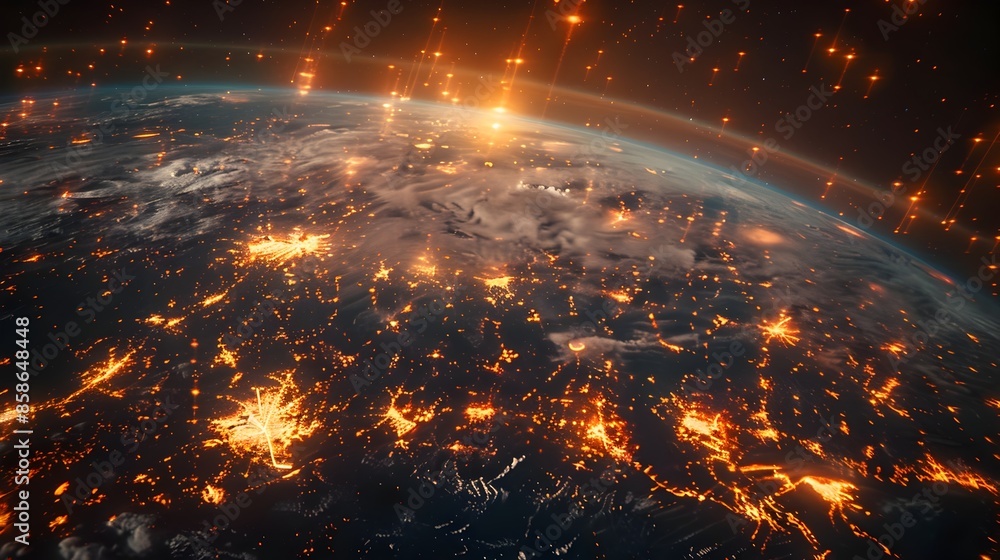 Poster shimmering earth ablaze with digital connectivity and pulsating data streams