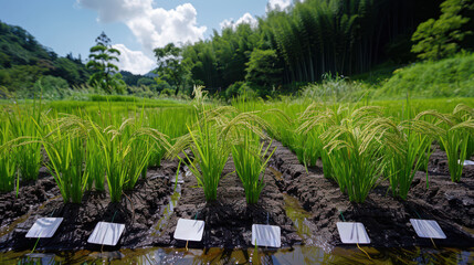 Obraz premium A field of rice plants with a few plants in the foreground