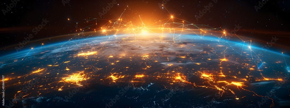 Aufkleber luminous planet with interconnected digital infrastructure in cosmic backdrop