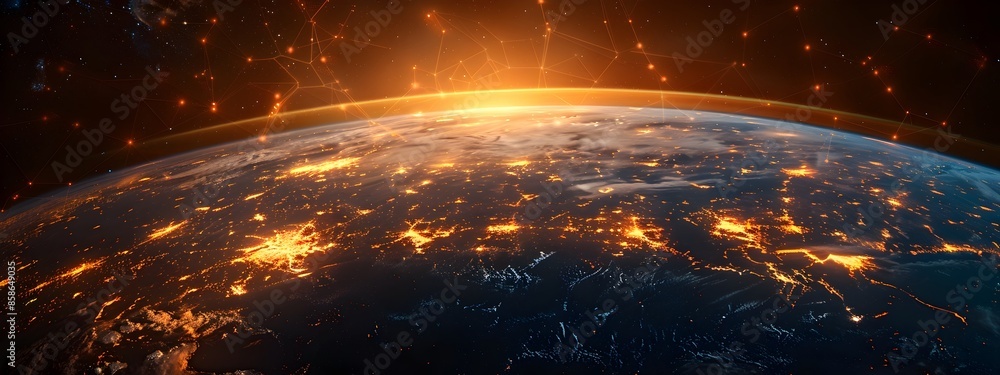 Poster luminous 3d rendered planet with glowing interconnected digital infrastructure