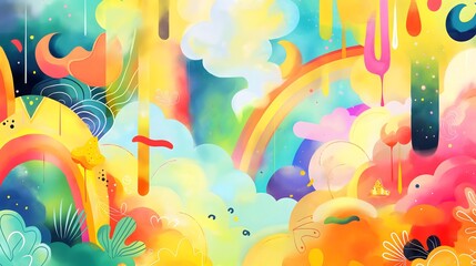 Fototapeta premium 3. **Prompt 3:** Design a captivating 16:9 illustration portraying a magical and whimsical journey through an enchanting rainbow splash against a backdrop of cute and colorful abstract patterns.