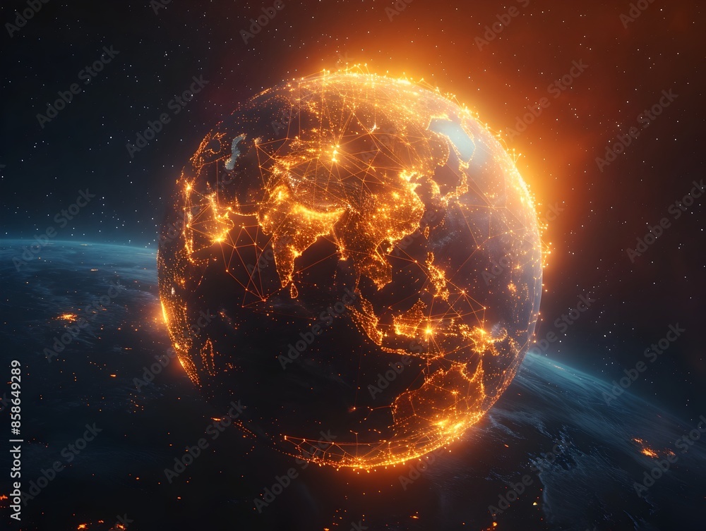 Poster glowing digital planet earth illuminated by futuristic data networks in space