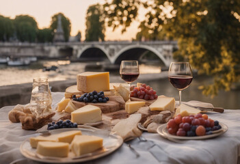 A luxurious picnic is set against the backdrop of the Seine River in Paris, with a cheese plateau and wine provided for guests to enjoy during the golden hour.