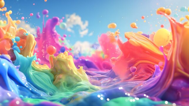 3. **Prompt 3:** Design a captivating 3D artwork depicting a magical and whimsical journey through an enchanting rainbow splash. Utilize a cute and colorful abstract background to complement the