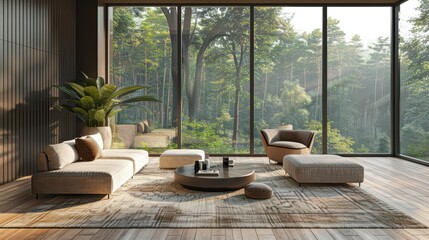 Fototapeta premium A living room with a large window overlooking a forest
