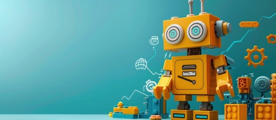 Yellow Robot Toy Standing in Front of a Teal Background