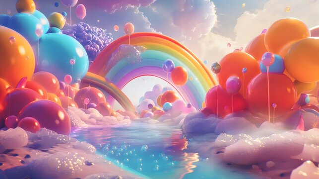 4. **Prompt 4:** Craft a visually stunning 3D illustration portraying a magical journey through an enchanting rainbow splash. Against a backdrop of colorful abstract elements, depict the rainbow with