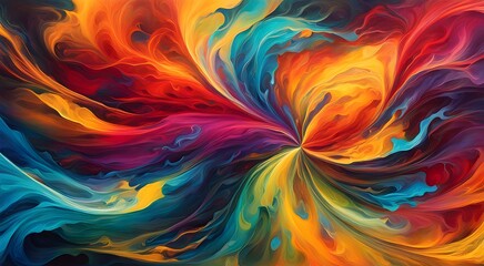 A colorful painting of a spiral with a yellow center and red, blue