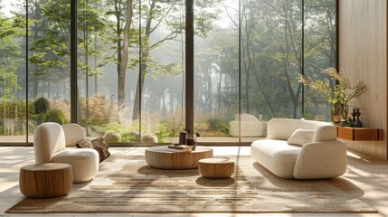 A living room with a large window and a view of trees
