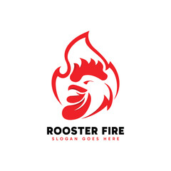 Rooster Fire logo design. Abstract minimalist red fire combined with rooster head concept.
