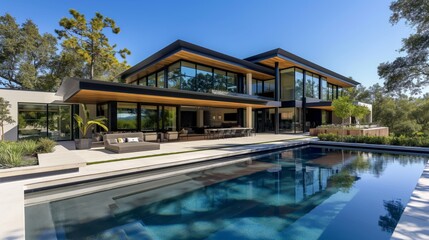 Fototapeta premium Large modern house with pool, surrounded by green landscaping.