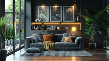 A living room with a black couch, a potted plant, and a vase