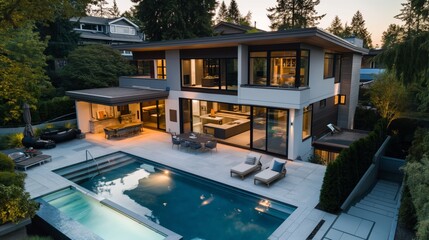 Fototapeta premium Modern house with pool in the yard, evening lighting.