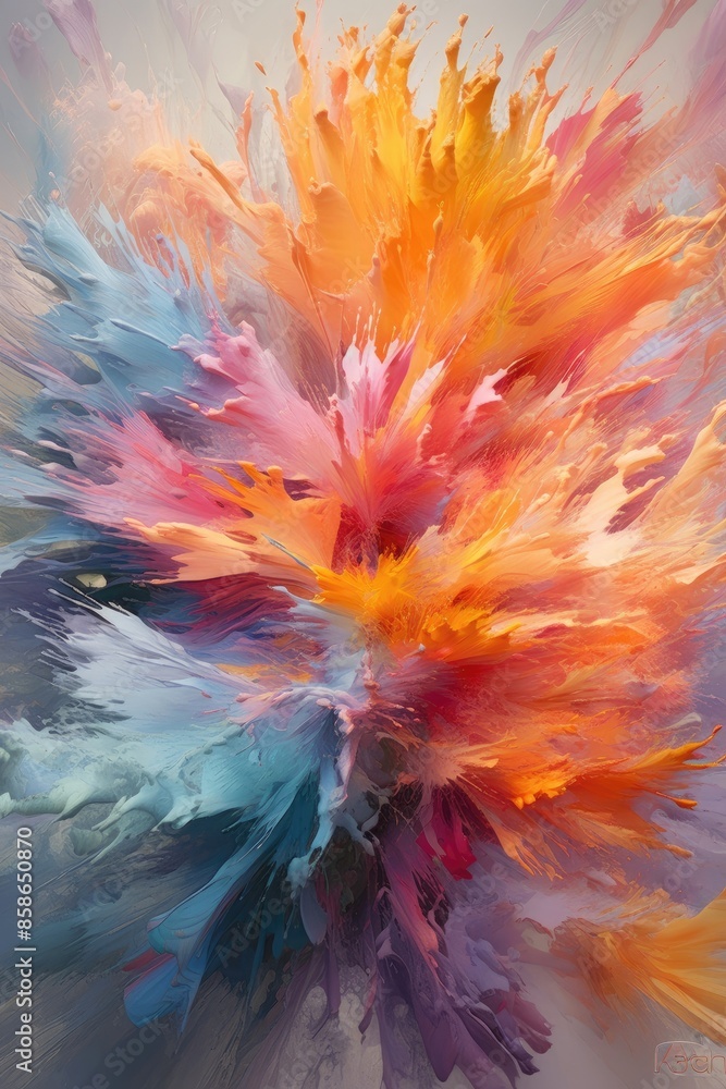 Poster explosive color burst in orange, pink, and blue. vertical image of exploding motion of multicolored 