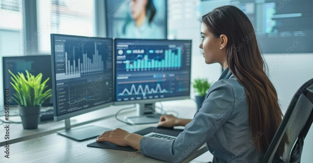 Poster businesswoman analyzing graphs on dual computer screens at desk in office setting for financial anal