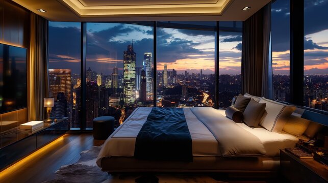 hotel room overlooking the city at night