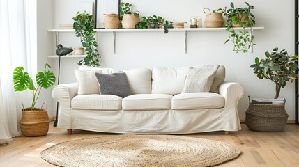 Fototapeta premium A living room with a white couch, a rug, and a few potted plants