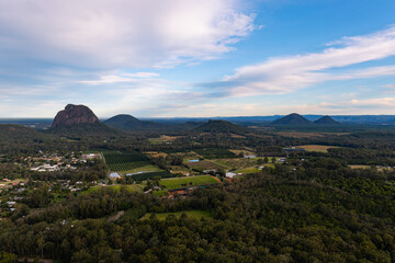 Fototapeta premium Wide view of Glasshouse Mountains area, Queensland, Australia.
